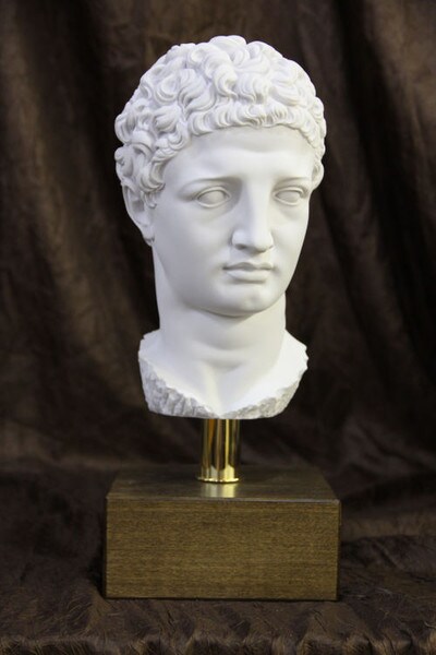 Head Of Hermes by Praxiteles Bust on Wood Base Alabaster Sculpture